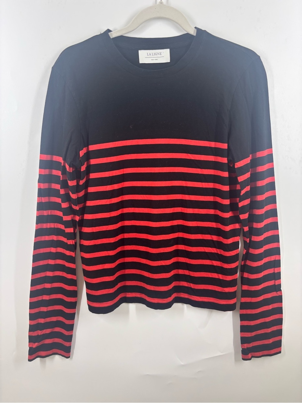 La Ligne New York Red Black Striped Crewneck Long Sleeve Nautical 100% Cotton S
